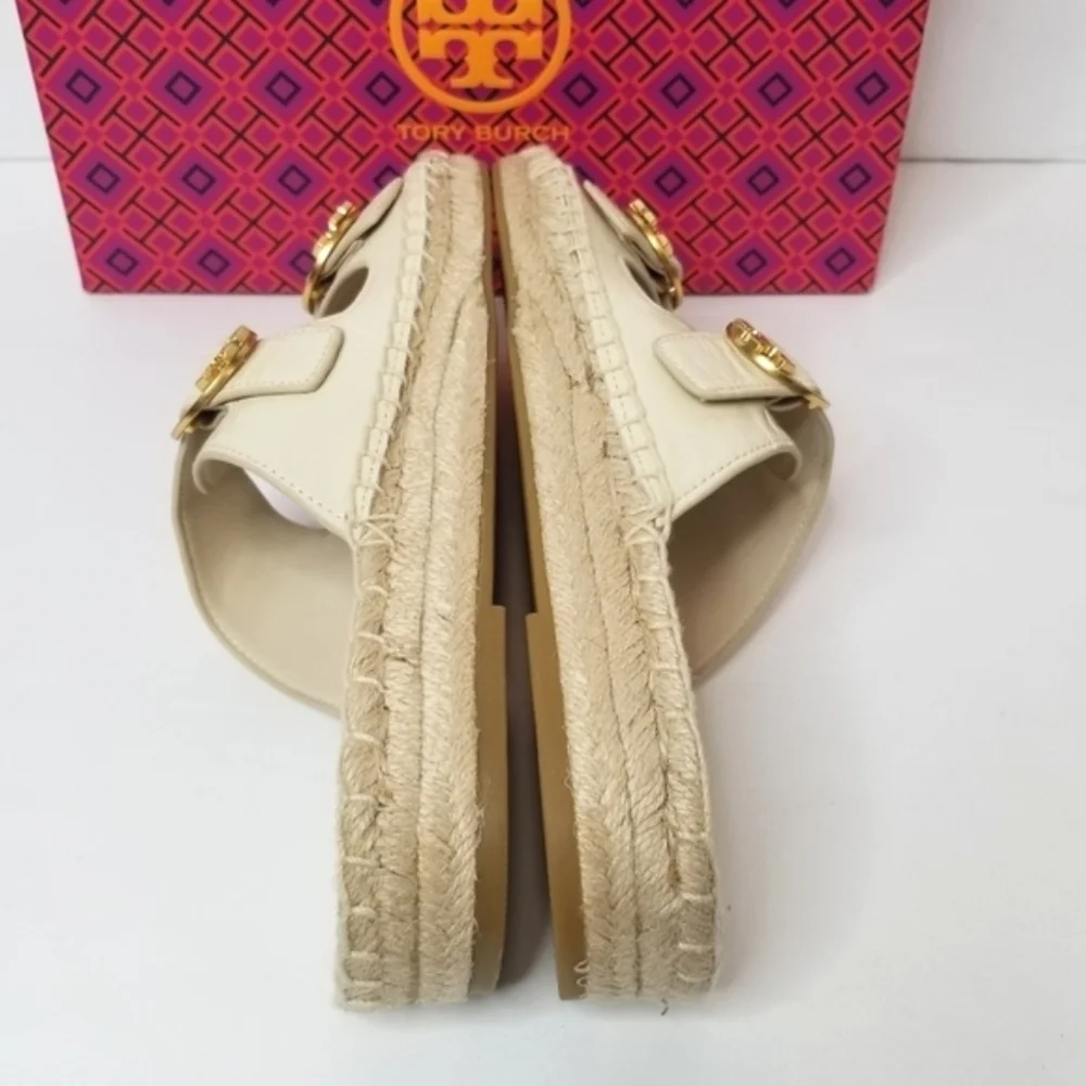 Tory Burch Selby Cream Leather Two Band Espadrille Slides